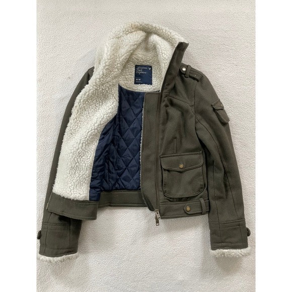 American Eagle Womens Medium Bomber Jacket Olive Green Wool Blend Sherpa Quilted - Picture 7 of 16